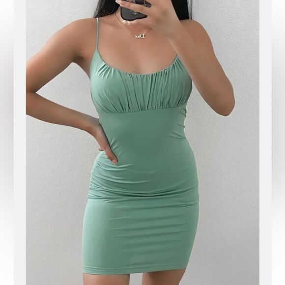 Sage Green Ruched Cami Bodycon Party Business Casual Mini Dress - Picture 1 of 6